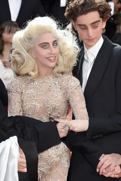 Image similar to timothee chalamet and lady gaga holding hands on the red carpet, beautiful detailed faces, canon eos