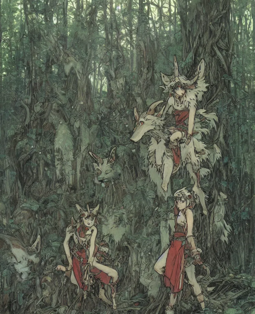 Prompt: Princess Mononoke, single figure, wolves, fully clothed in armor, lush fairy forest, neon, concept art, schematics, studio ghibli, gnarly trees, painted by norman rockwell, mucha, james gurney, high detail, denoised, sharp, architectural