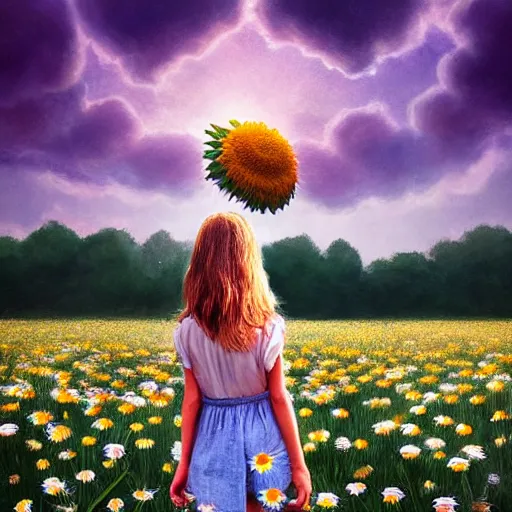 Image similar to head made of giant daisies, girl standing barefoot in a vast flower field, arms behind back, surreal photography, sunrise dramatic light, impressionist painting, colorful clouds, large sky, digital painting, artstation, simon stalenhag, flower face