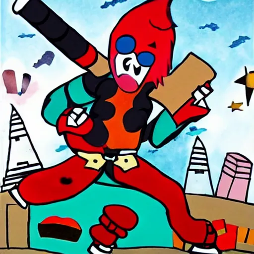 Image similar to Giant Evil Jester Clown Smashing a city with polka dot hammer