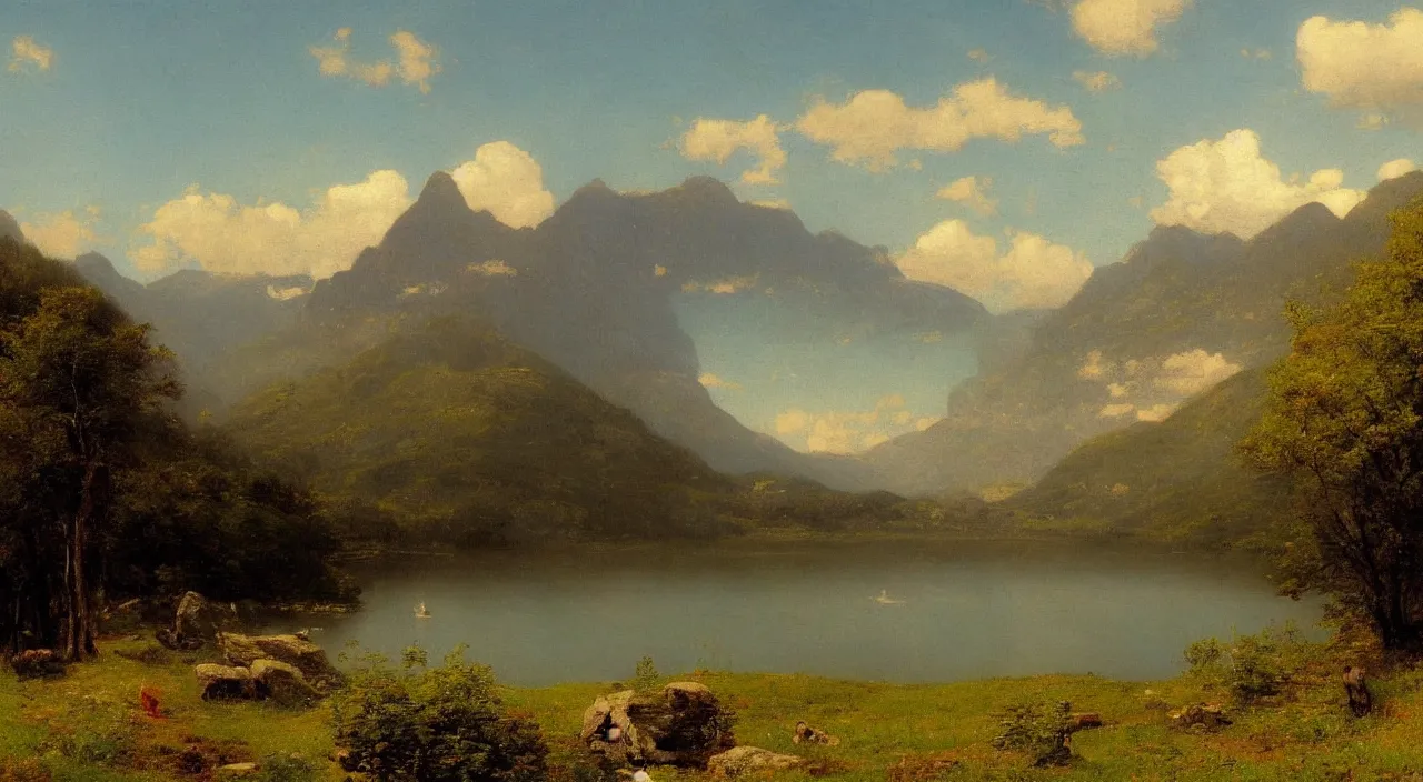 Image similar to An ultradetailed, digital-art, 4k-concept-art-wallpaper, Mountains in the background by George Inness, Lake around