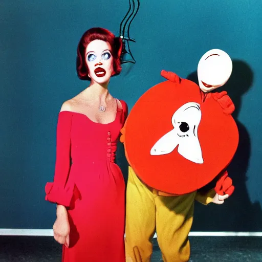 Image similar to 1976 film still glamorous woman photo and her friend, an anthropomorphic stomach, live action children's tv show, 16mm film live technicolor 1976, wacky colorful, in style of john waters doris wishman