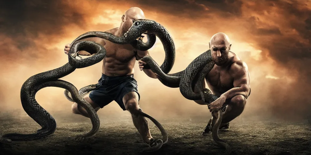 Image similar to The Ryback fighting a snake outdoors, highly detailed, intricate, digital illustration, hyperrealistic, photorealistic, ultra hd, cinematic lighting, award-winning, 4k, beautiful color, high quality, high textured, lens flare