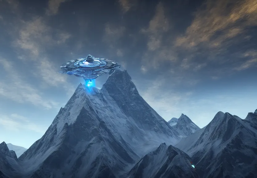 Image similar to protoss spaceship above mount everest beautiful art uhd 4 k, artstation, hdr, 4 k, incredible detail, cinematic lighting, unreal engine 5