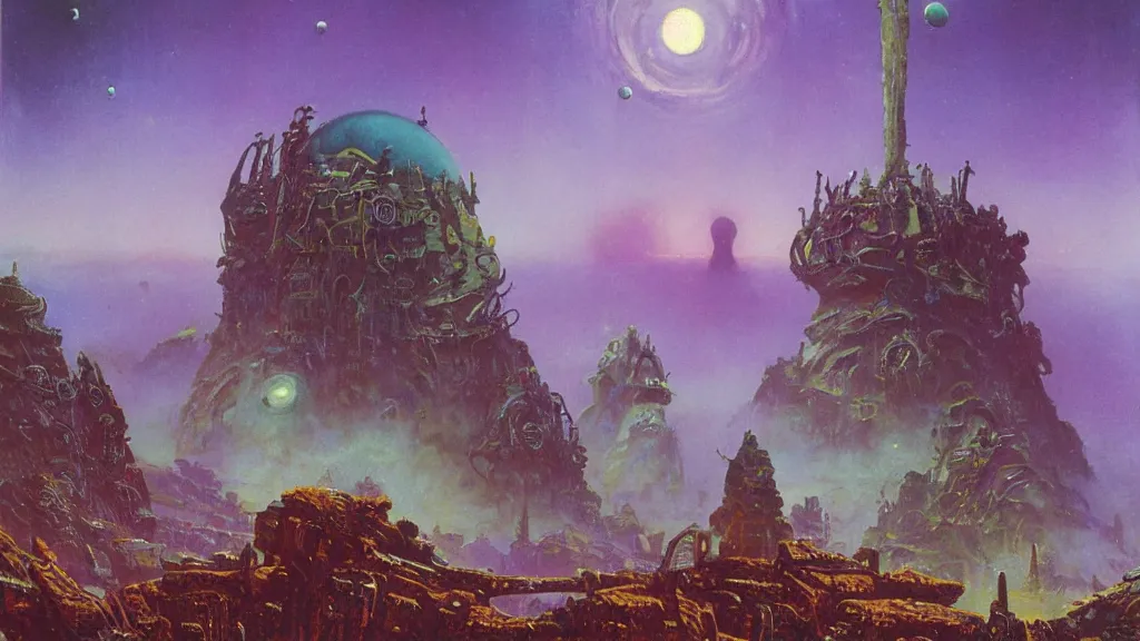 Prompt: ancient alien relics on a strange eerie alien planet by Paul Lehr and Bruce Pennington