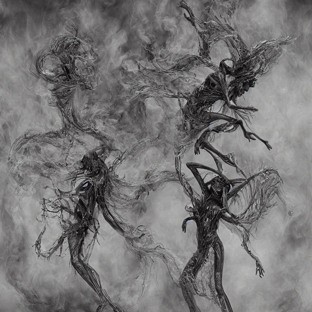 Prompt: a graceful detailed demon ballerina leaving a trail of smoke in a pool of lava by h. r. giger