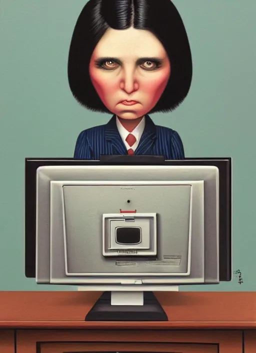 Prompt: A female office worker not understanding what the computer is doing. She's visibly confused. Mark Ryden and Alex Gross, Todd Schorr highly detailed