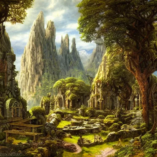 Prompt: a beautiful and highly detailed epic oil painting of an elven city in the mountains, lush valley, beautiful trees, ancient stone runes, intricate details, epic scale, insanely complex, 8 k, sharp focus, hyperrealism, fantasy landscape, psychedelic, by caspar friedrich, brian froud, albert bierstadt,