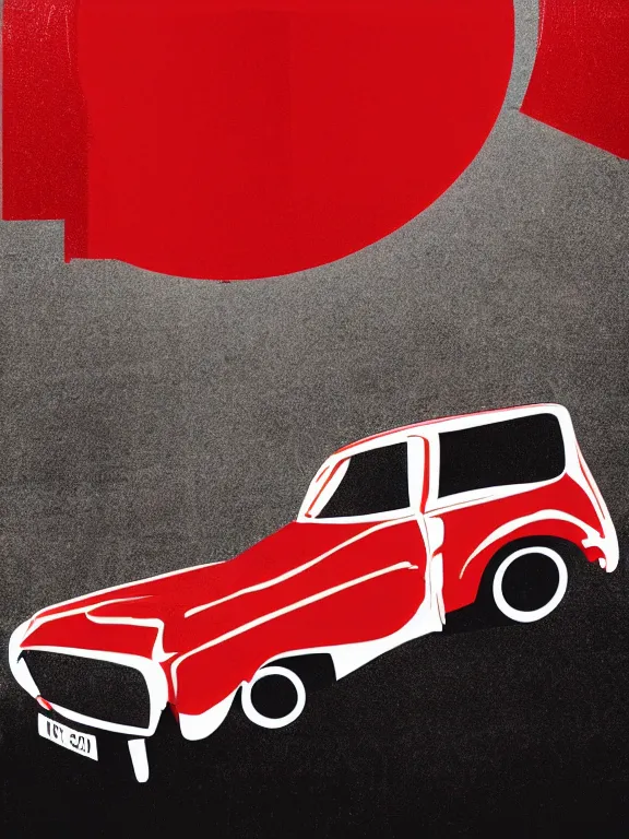 Image similar to Movie poster featuring a vector of a small black car in the middle with some red details, modernism, beige background, in the style of Vasilis Marmatakis