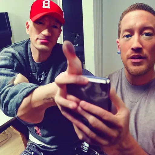 Image similar to Markiplier taking a selfie with Eminem, photorealistic, shot on iphone, realistic lighting, ultra high detail,