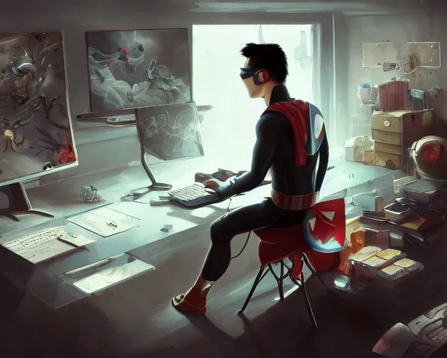 Image similar to an insanely detailed painting of a nerdy asian man wearing a superhero costume, sitting at a desk, staring at the nervously at the computer and typing, in the style of peter mohrbacher, dramatic lighting and composition, octane render, pixar, trending on artstation, concept art, comic book, view from behind