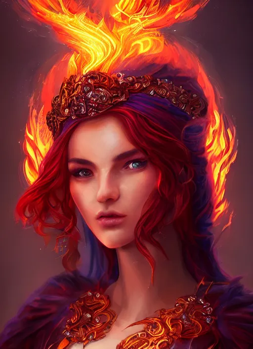 Prompt: a highly detailed character portrait of a beautiful female pyromancer radiating a majestic fiery aura, ornate royal robes, intricate, digital painting, artstation, concept art, smooth, sharp focus, illustration, deep vibrant colors, hyperrealistic, photorealistic