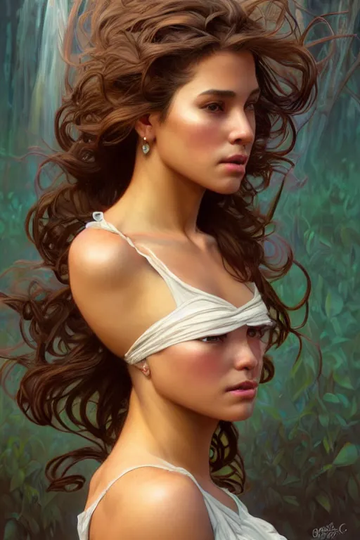 Image similar to clear portrait of a latino attractive women, cottagecore!!, background hyper detailed, character concept, full body, dynamic pose, glowing lights!! intricate, elegant, highly detailed, digital painting, artstation, concept art, smooth, sharp focus, illustration, art by artgerm and greg rutkowski and alphonse mucha