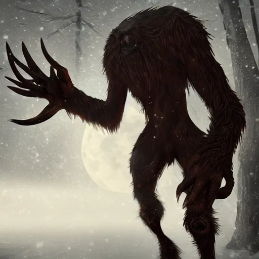 Prompt: hungry wendigo leering through the snow, cinematic, backlit by moonlight, fog, trending on artstation, octane, dungeons and dragons, fantasy art