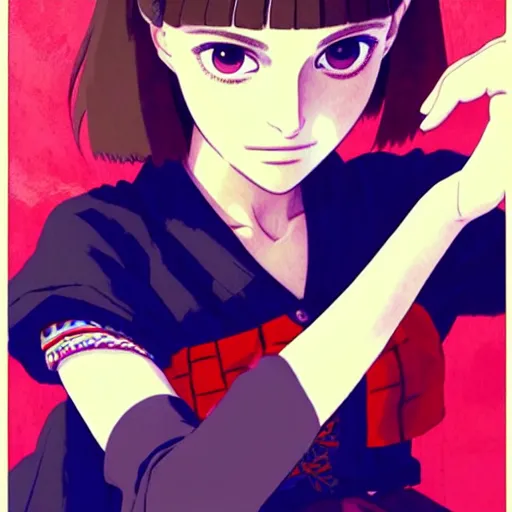 Image similar to a beautiful! boyish! natalie portman alluring gravure! model, wearing japanese school girl outfit with mayan pattern and native style, aztec street fashion, gapmoe yandere grimdark, trending on pixiv fanbox, painted by greg rutkowski makoto shinkai takashi takeuchi studio ghibli, akihiko yoshida