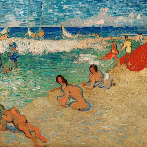 Image similar to rich and indulgent oil paint impasto reliefs, happy italian beach scene, an artwork by charles w. bartlett and jackson pollack and colin campbell cooper and to a lesser extent - van gogh