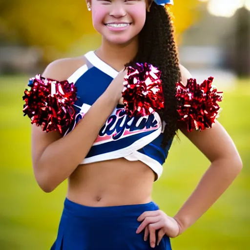 Prompt: a portrait photograph of a cute, spirited, over - achiever, 1 8 year - old american high school cheerleader. portrait canon 8 5 mm f 1. 2 photograph head and shoulders portrait