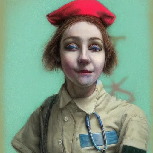 Image similar to clowncore pastel punk young hospital nurse wearing stylish uniform. detailed, portrait, 8 k, artwork by jean - baptiste monge