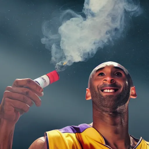 Image similar to selfie of kobe bryant holding a giant cigarette in a helicopter filled with smoke, 8k resolution, hyper detailed, shot in the air