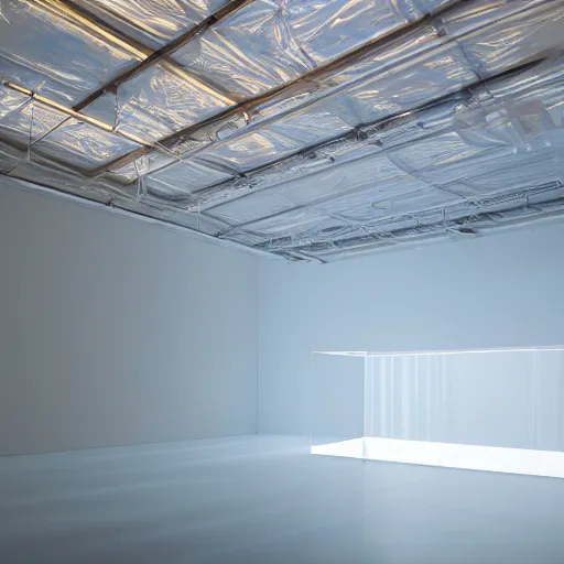 Image similar to an ultra high definition professional studio quality photograph of a transparent iridescent perspex pastel coloured inflatable parachute sculpture material in an empty white room. dramatic lighting, ray tracing, refraction, shallow d. o. f, colour corrected, golden ratio, three point light. volumetric shadows. god rays.