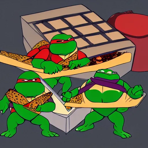 Prompt: teenage mutant ninja turtles having a pizza party, 8 k