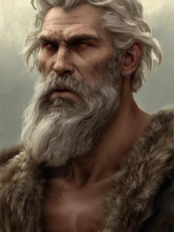 Image similar to painted portrait of rugged odin, god of war, norse god, white hair, masculine, mature, handsome, upper body, grey and silver, muscular, hairy torso, fantasy, intricate, muscular, elegant, hyper detailed, digital painting, artstation, concept art, smooth, sharp focus, illustration, art by gaston bussiere and alphonse mucha