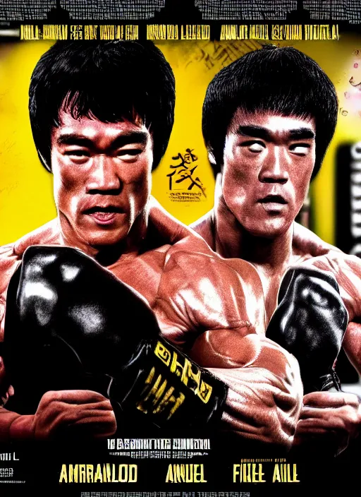 Image similar to Film poster Arnold Schwarzenegger VS Bruce lee , faces look at each other, detailed and realistic, 4k, filmic render
