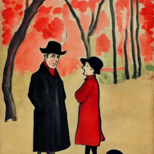 Image similar to A thin man in a black coat and bowler hat talks with small girl who is dressed in a red coat and a red hat, park, autumn, 1923, in the style of Oskar Kokoschka, wide angle, high detail, width 768