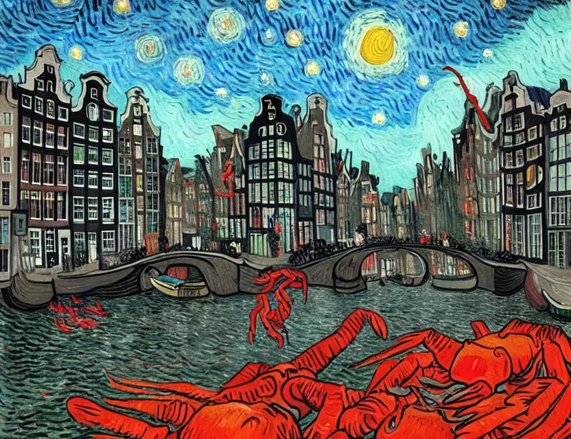 Prompt: a very detailed acrylic painting of a big red lobster being lost in the amsterdam canals surrounded by old bikes and amsterdam houses at night with romantic city light ambiance and a starry sky painting by vincent van gogh but it is james jean