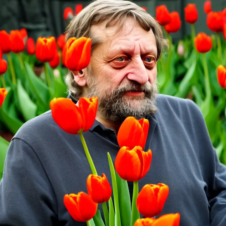 Prompt: slavoj zizek becoming a tulip, photo, 8 k