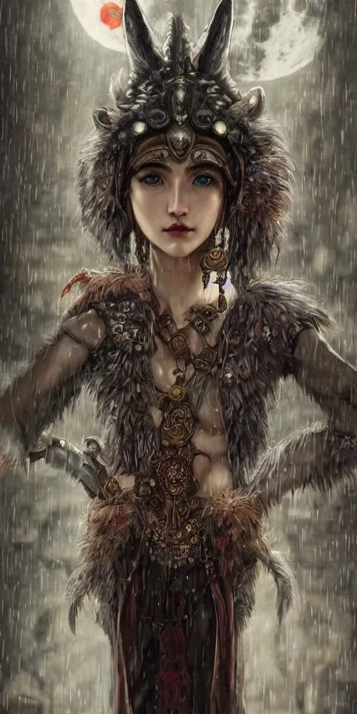 Image similar to hyper realistic Princess Mononoke, ornate mask, wet market street, rainy atmosphere, full moon, cyberpunk metropolis, city landscape, jewels, full body pose, wolves, style of tom bagshaw, mucha, james gurney, norman rockwell, denoised, sharp