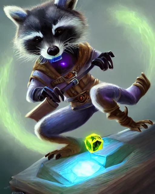 Image similar to 3 5 mm portrait of furry necromancer sly cooper raccoon holding a magical glowing gemstone in a crystal cave, d & d, magic the gathering, criag mullins, artgerm, wlop, disney, pixar,