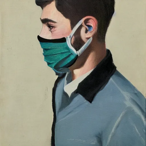 Image similar to portrait of young man wearing black medical mask, style of coby whitmore