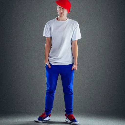 Prompt: a full body shot of an average white, short young - adult man with blue dyed hair, wearing a red backwards cap, white t - shirt with a red no symbol on it, blue long pants and red shoes, holding a microphone, photoshoot, grey background