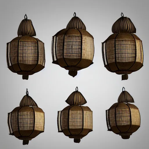 Prompt: A hanging ancient Japanese paper lantern, prop concept art design ,artstation. 3D Model render in maya，C4D. detail