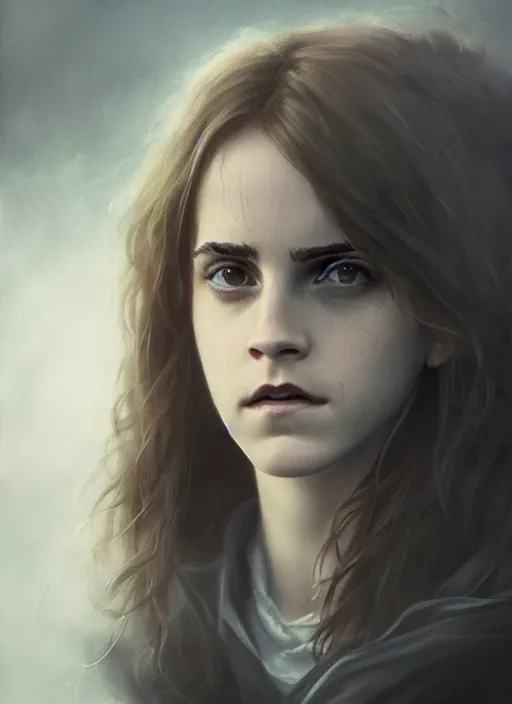 Prompt: emma watson as hermione granger. dark colors. menacing. haunting. frightening. trending on artstation. award winning. artgem. greg rutkowski. beksinski. extremely detailed. 4 k.