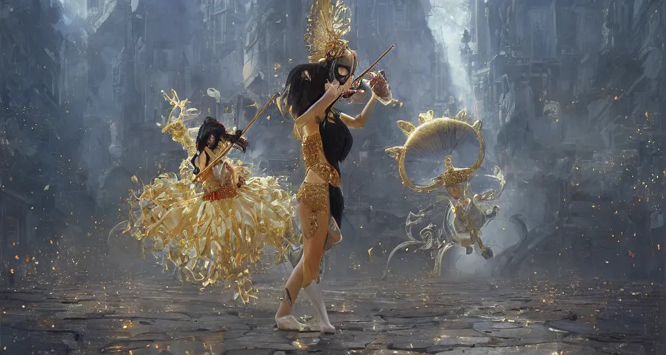 Image similar to craig mullins and ghibli digital art of a masked female violinist, dressed in exotic costumes, gold jewelry and dark hair, performs alone on a huge stage ， unreal engine, hyper realism, realistic shading, cinematic composition, realistic render, octane render, detailed textures, photorealistic, wide shot