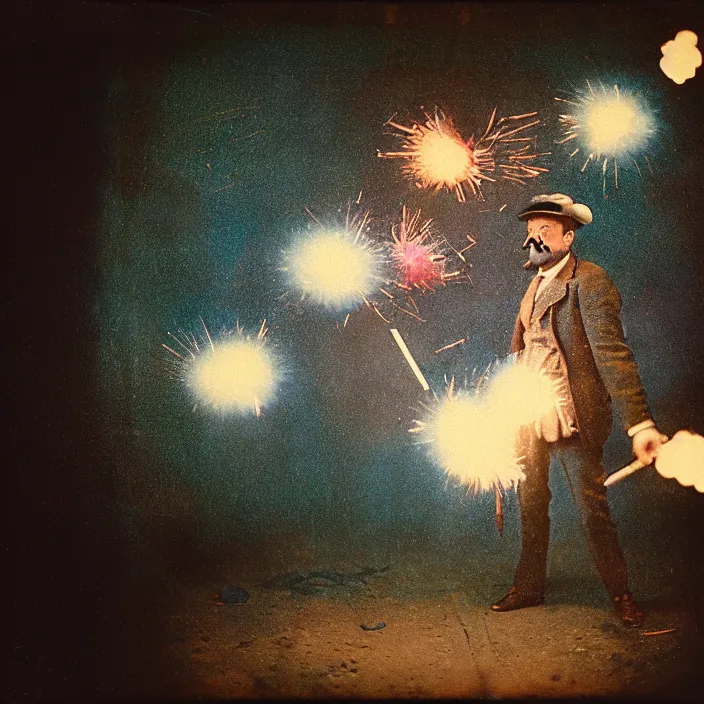 Image similar to kodak portra 4 0 0, wetplate, muted colours, blueberry, 1 9 1 0 s style, motion blur, portrait photo of a backdrop, explosions, rockets, sparkling, arcane's jinx, aka powder, by georges melies and by britt marling