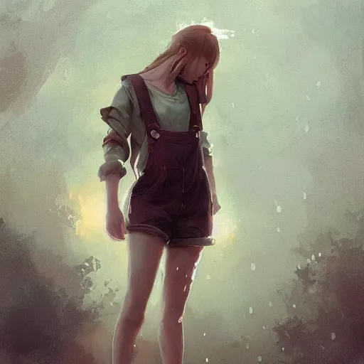 Image similar to Female, soft eyes and narrow chin, dainty figure, single strap paint covered overalls, short shorts, combat boots, raining, basic white background, style of by Jordan Grimmer and greg rutkowski, crisp lines and color,