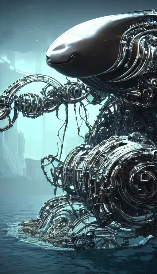 Image similar to summoning a beautiful biomechanical orca spirit from the ocean, organic and robotic, made up of many bits of metal, skin, and plastic, wet, shiny, metallic, cyberpunk, apocalyptic, hyper realistic, cinematic angle unreal engine render, 8k, super detailed, SLEEK!!!