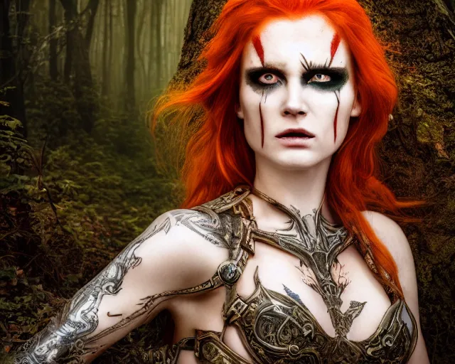 Image similar to 5 5 mm portrait photo of an armored gorgeous anesthetic redhead woman warrior with a face tattoo and horns growing from her head, in a magical forest in the style of stefan kostic, art by luis royo. highly detailed 8 k. intricate. lifelike. soft light. nikon d 8 5 0. cinematic post - processing