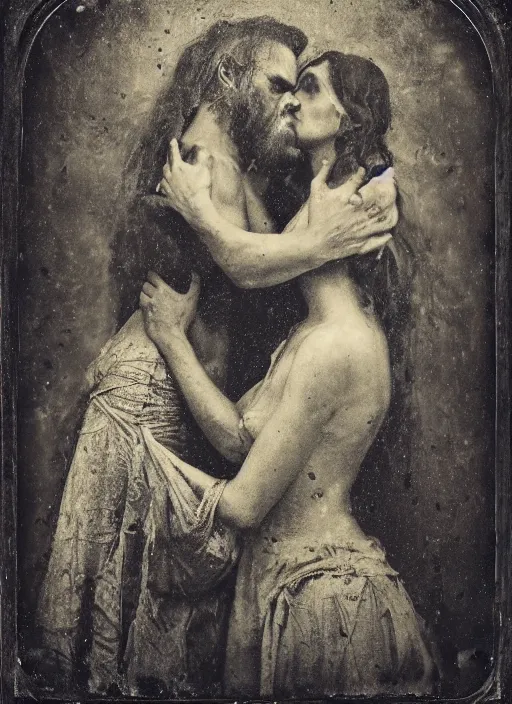 Image similar to old wetplate daguerreotype judas kiss of betrayal, fractal, intricate, elegant, highly detailed, parallax, leica, medium format, subsurface scattering, by jheronimus bosch and greg rutkowski and louis jacques mande daguerre