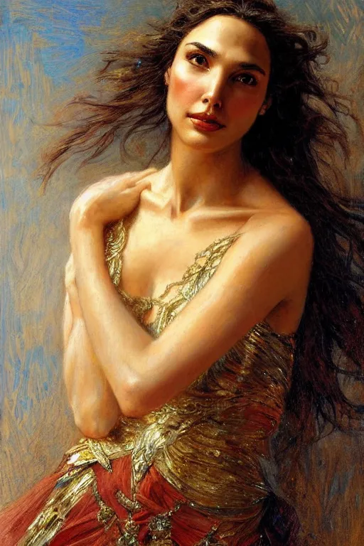 Prompt: high detail portrait of gal gadot by gaston bussiere.