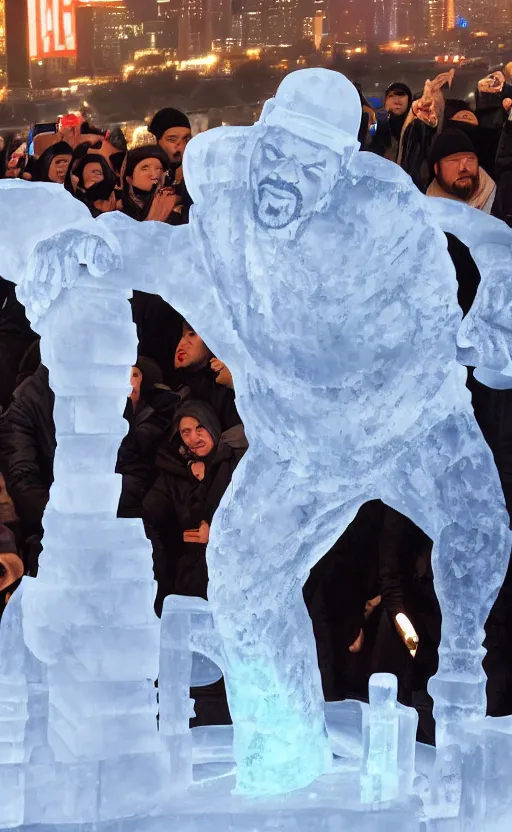 Image similar to dramatic photo, the rapper'ice cube'carving a full body ice sculpture of rapper'ice cube'at harbin ice festival, wide angle photo, award winning, artgerm, wlop, james gurney, trending on artstation