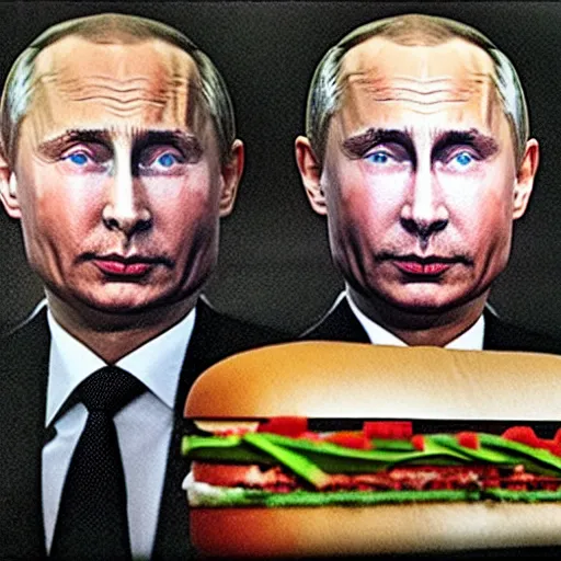 Image similar to uhd hyperrealistic submarine sandwich with vladimir putin's face on it. photo by annie leibowitz.