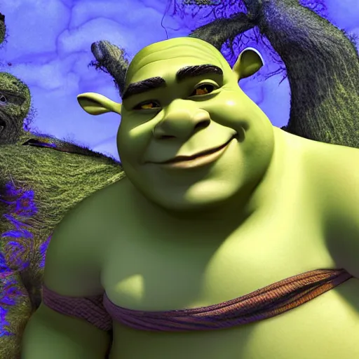 Prompt: handsome shrek, half body shot, path traced, fight scene, highly detailed, high quality, digital painting