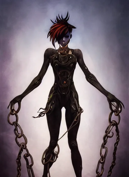 Image similar to full body horror painting of tracer from overwatch, in style of zdzisław beksinski, horror, 4 k, feminine facial features, silhoutte, black, dark, black armor, detailed face, tall, ropes and chains,