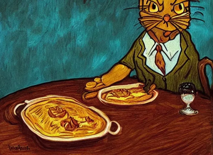 Image similar to detailed realistic painting of garfield eating lasagna at dusk, in the style of vincent van gogh and salvador dali and leonardo da vinci