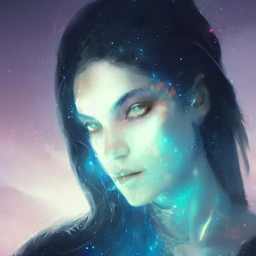 Prompt: a beautiful portrait of a cosmic goddess by Greg Rutkowski and Raymond Swanland, Trending on Artstation, nebula background, ultra realistic digital art, closed eyes