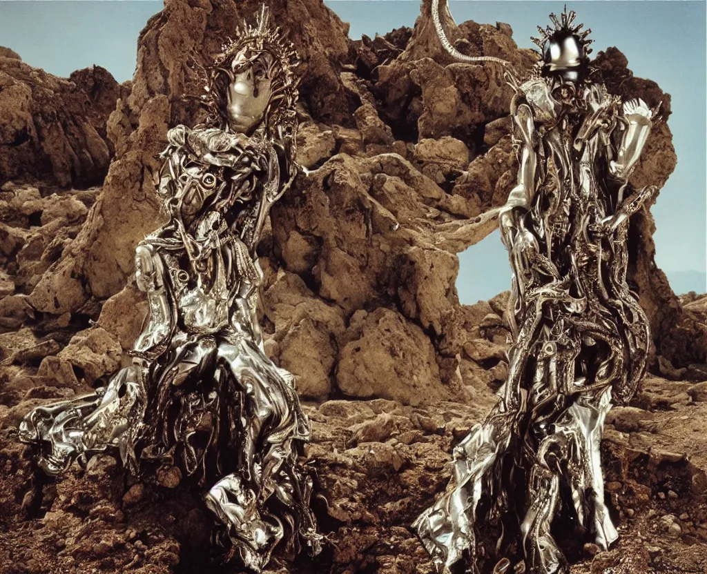 Image similar to portrait of salvador dali wearing a crown and costume with jewels in a dry rocky desert landscape, alien spaceship by giger, film still from the movie by alejandro jodorowsky with cinematogrophy of christopher doyle and art direction by hans giger, anamorphic lens, kodakchrome, very detailed photo, 8 k